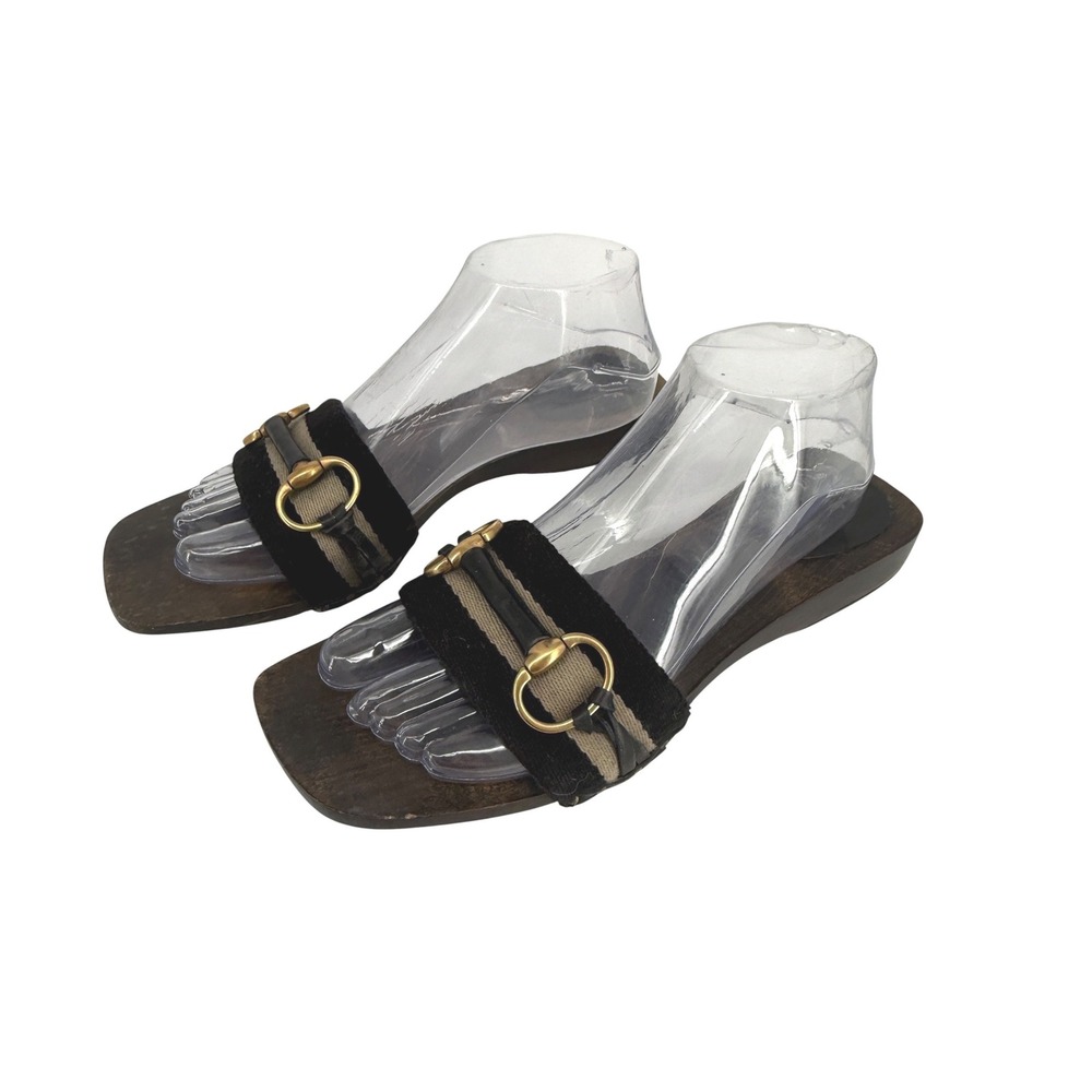 Gucci Vintage Horse-bit Wooden Slide Sandals Black Striped Canvas 8.5 Italy